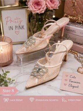 Lace Pointed-Toe Kitten Heel Mules in Blush Pink with Rhinestone Accent